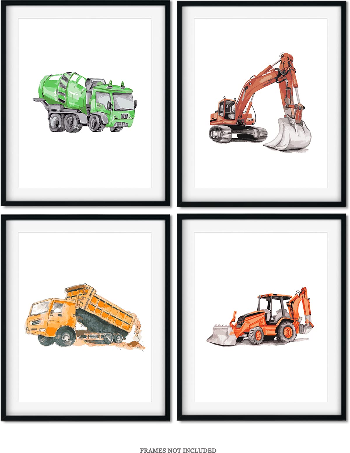 Govivo Boy'S Construction Vehicles Wall Art - Set Of 4 (8X10) Unframed Prints - Modern Nursery Room Decor For Boys - Toy Room An