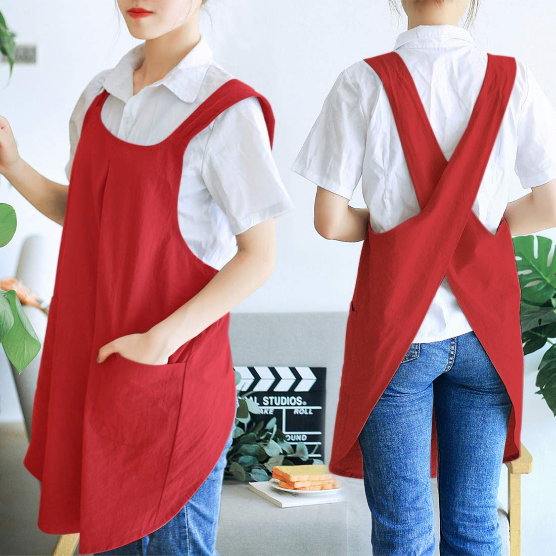 Newgem Japanese Linen Cross Back Kitchen Cooking Aprons For Men With Pockets For Baking Painting Gardening Cleaning Dark Red