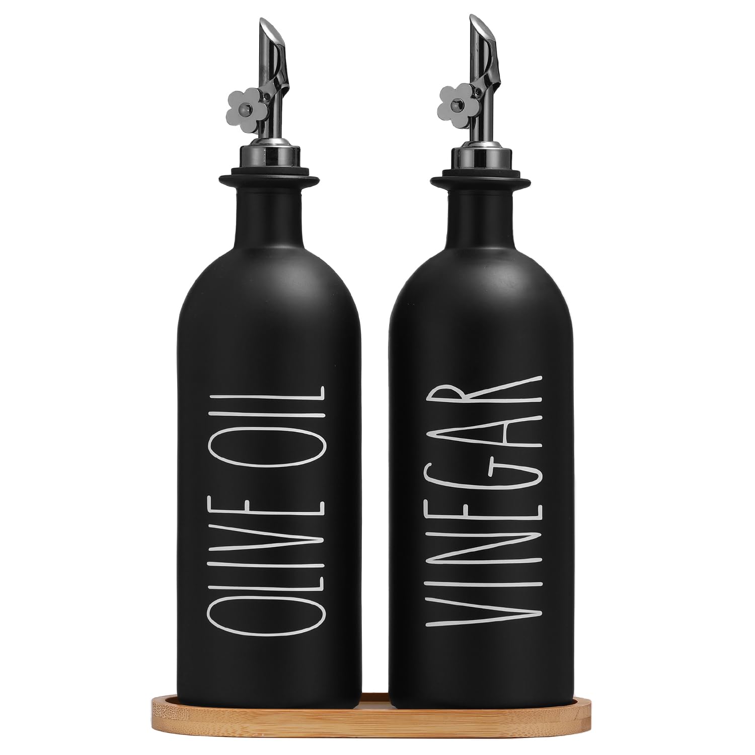 HOMCDALY 16oz Olive Oil Dispenser Bottles for Kitchen, Glass Black Oil&Vinegar Dispenser Set, Kitchen Olive Oil Bottles with Bam