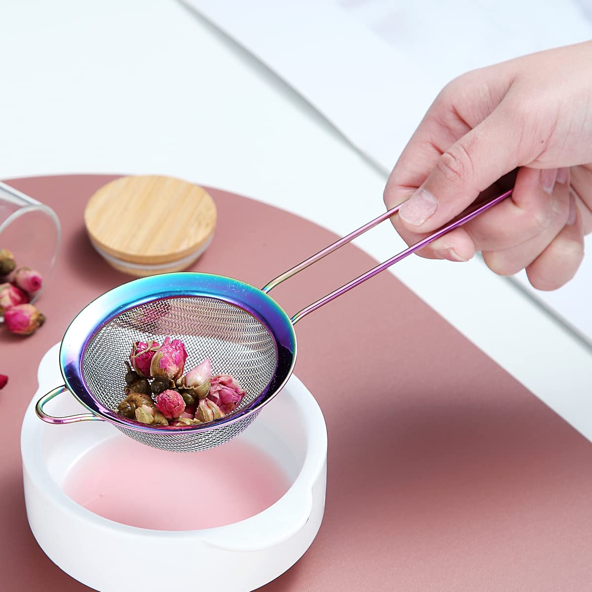 Kyraton Rainbow Fine Mesh Strainer 3 Pieces Set, Copper Flour Sifter For Baking, Stainless Steel Clander, Matcha Tea Strainer, G