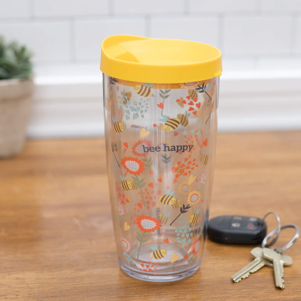 Signature Tumblers Bee Happy Bees And Flowers Wrap On Clear 16 Ounce Double-Walled Travel Tumbler Mug With Sunshine Yellow Easy