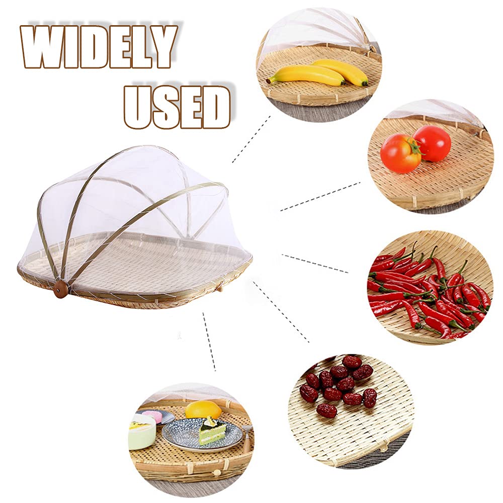 Food Bamboo Food Serving Tent Basket Hand-Woven Basket Serving Dustproof Picnic Basket Vegetable Fruits Bread Food Home Square F