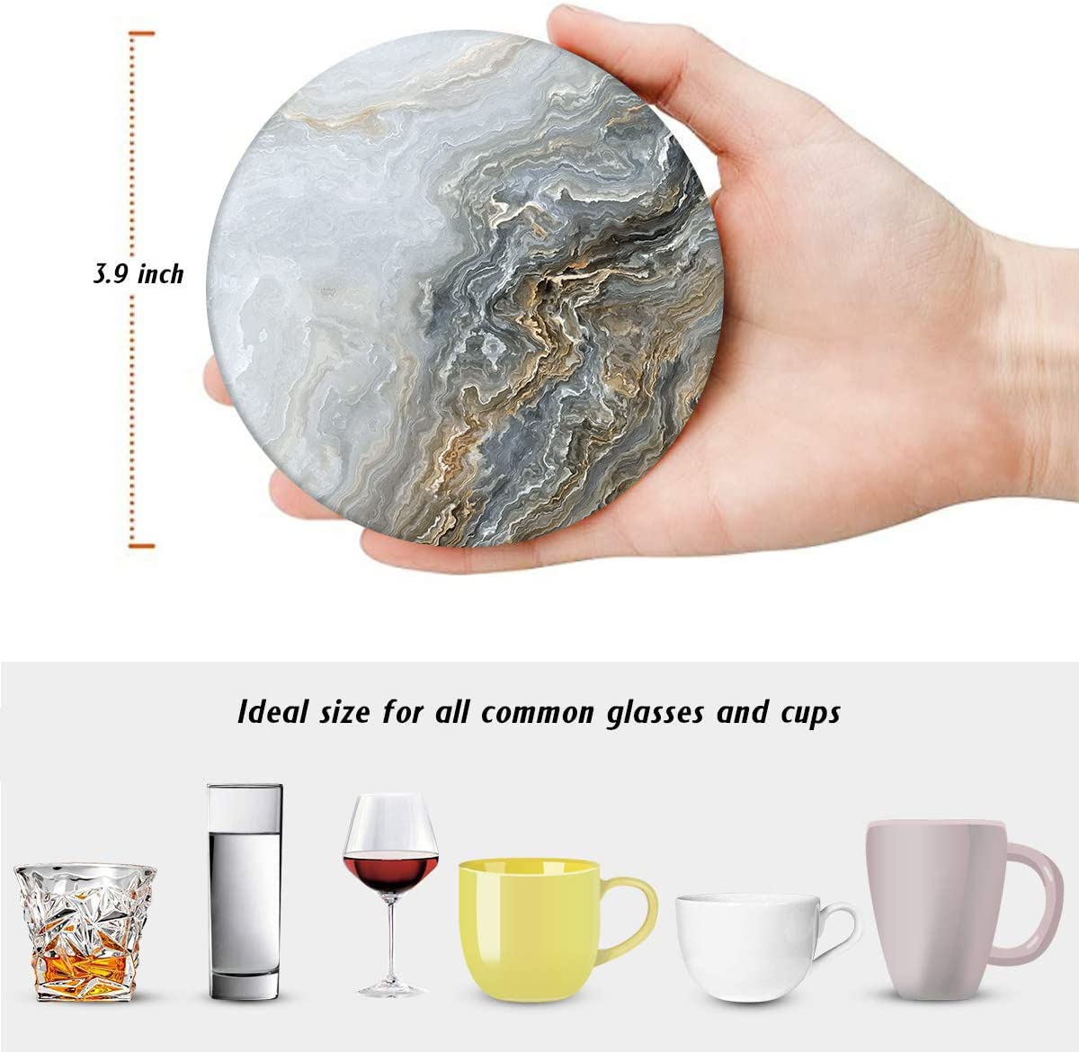 Britimes Coaster For Drinks Set Of 6, Grey Marble Golden Stone Agate Table Absorbent Round Ceramic Stone Mat, With Cork Base And