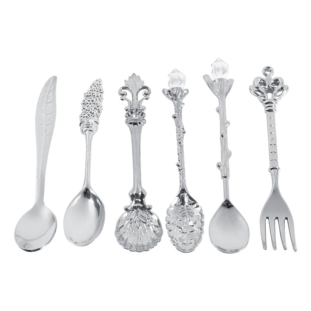 Fdit 6Pcs/Set Flatware Vintage Spoon Dessert Coffee Mixing Spoon Teaspoon Ice Cream Spoon Fruit Fork Royal Metal Mini Carved Tab