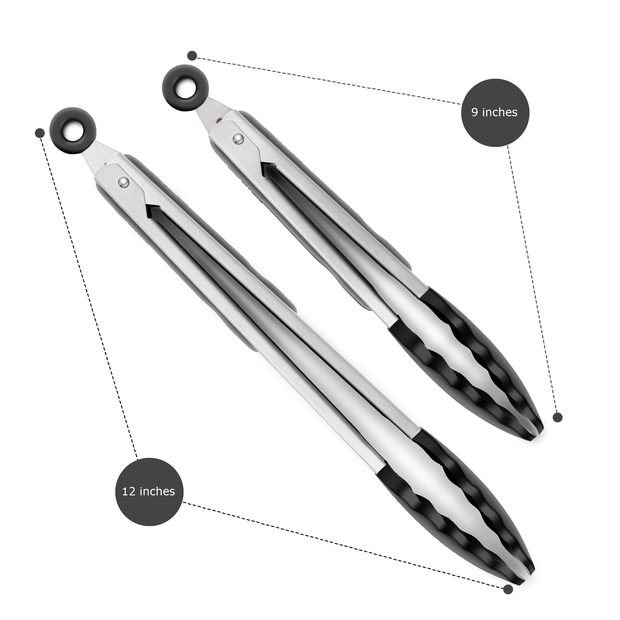 2 Pack Black Kitchen Tongs, Premium Silicone Bpa Free Non-Stick Stainless Steel Bbq Cooking Grilling Locking Food Tongs, 9-Inch