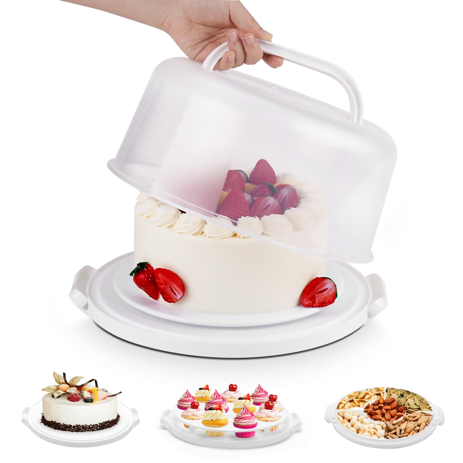 Cake Carrier With Lid And Handle, Multipurpose Cake Stand Fits 10 Inch Cake, Cupcake Containers For 11 Cupcakes,Cake Holder Serv