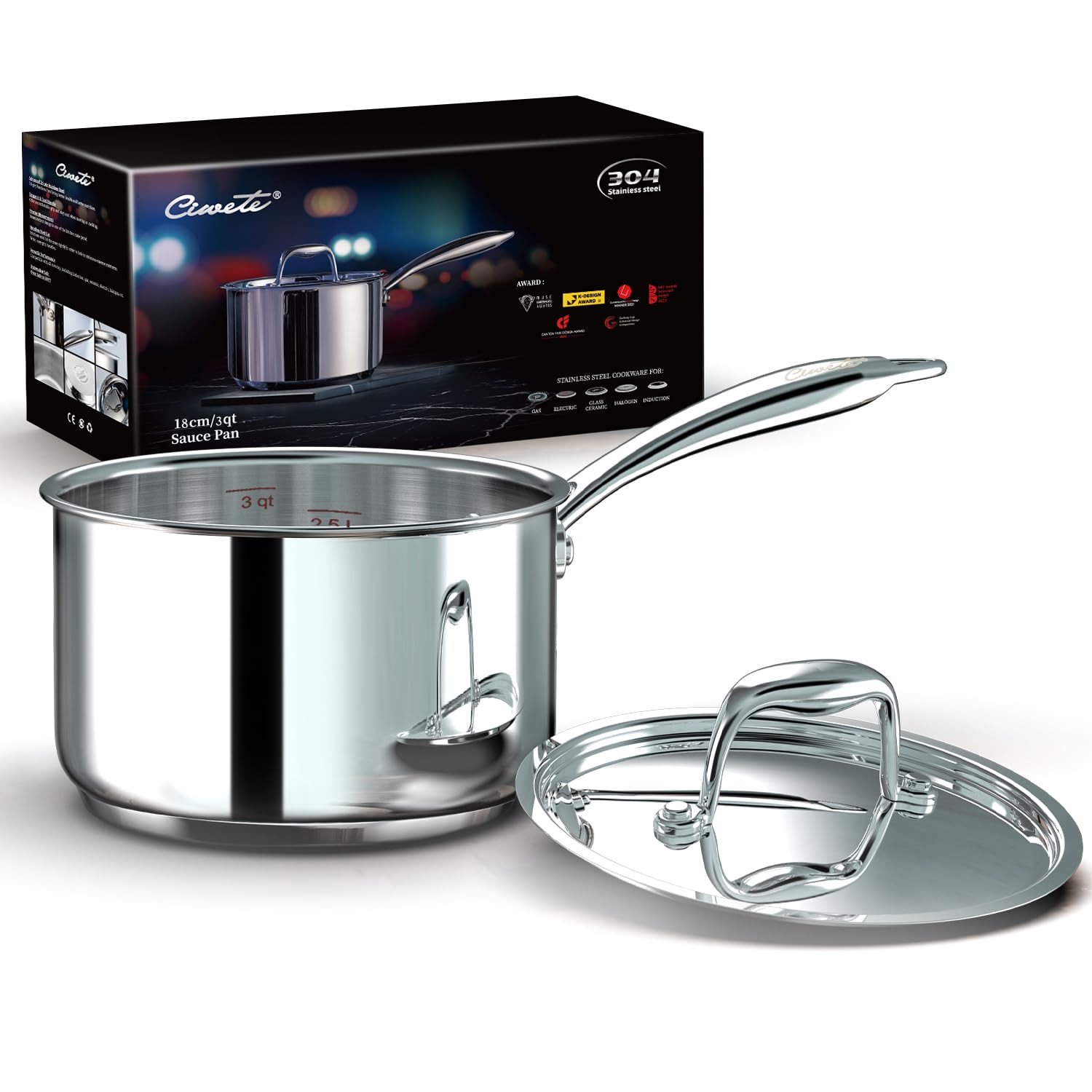 Ciwete 3 Qt Saucepan with Lid - Upgraded Package - 3 Quart 18/10 Stainless Steel Sauce Pan with Mirror Polishing and 2 Sacles, I