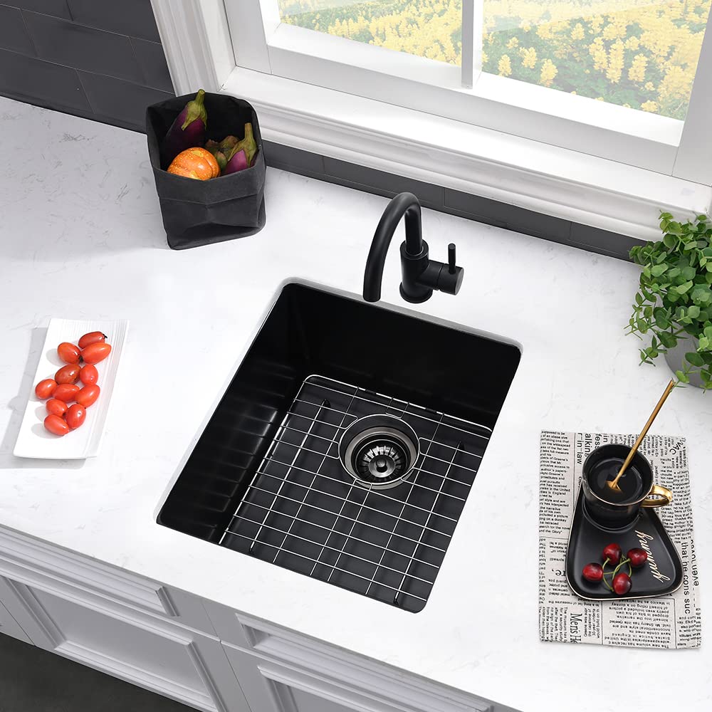 15 Inch Black Bar Sink Undermount Kitchen Sink- Vasoyo 15''X17'' Black Undermount Wet Bar Prep Kitchen Sink Dual Mount Granite U