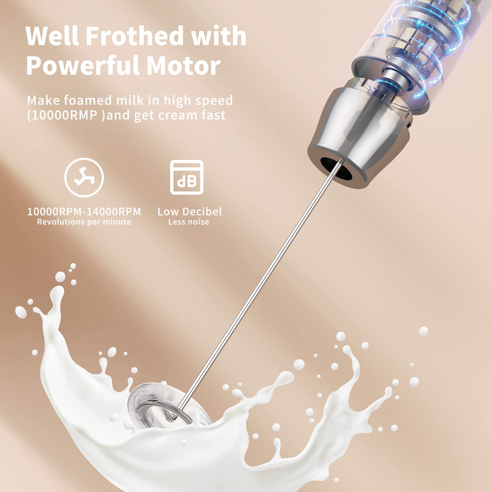 Maestri House Rechargeable Milk Frother With 3 Heads, Handheld Electric Foam Maker Waterproof Detachable Stainless Steel Whisk D