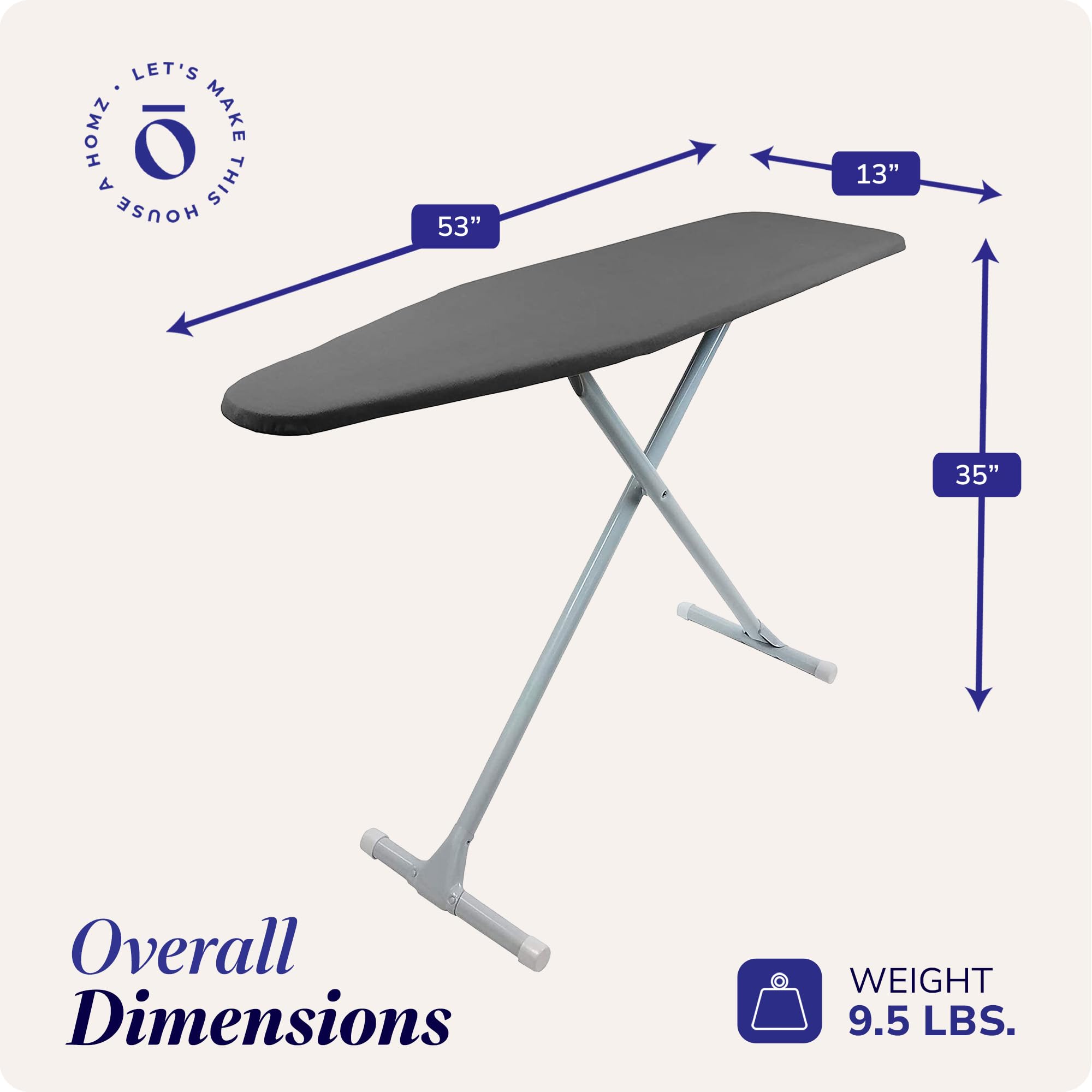 Homz T-Leg Clothes Ironing Board, Compact Foldable Standard Size Adjustable Height With Foam Pad & Cotton Cover, Charcoal Gray
