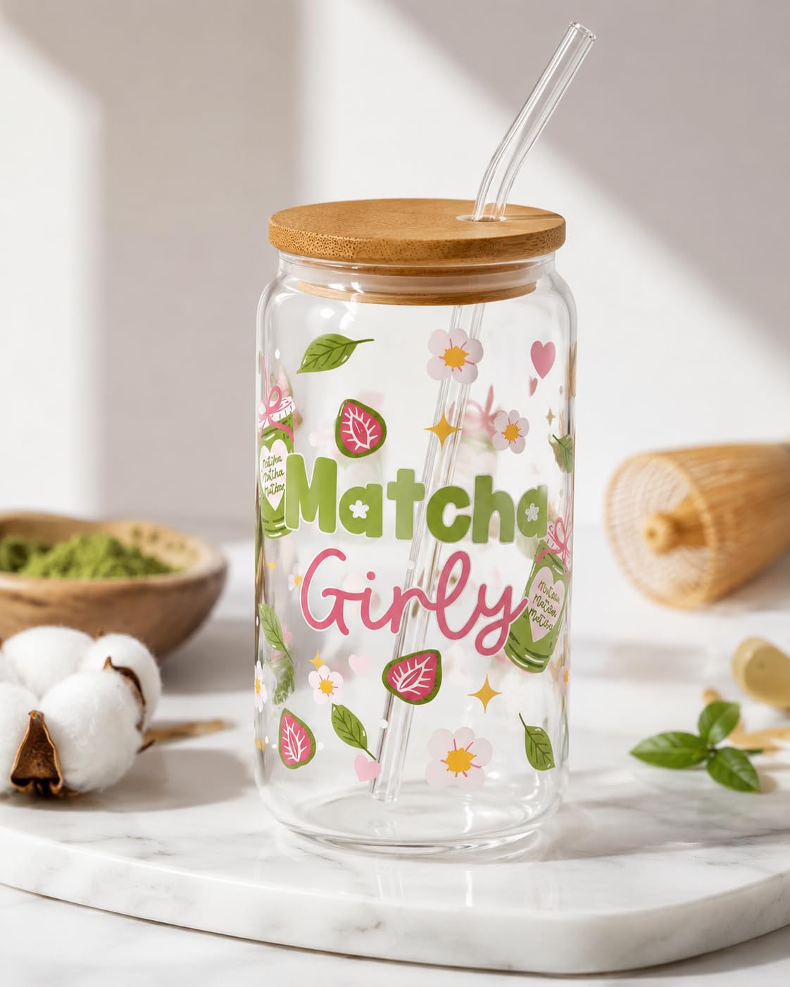 THE UMBRELLA STORE Matcha Girly Glass Tumbler with Bamboo Lid & Glass Straw |Iced Coffee Cup | Aesthetic Travel Mug  520ml
