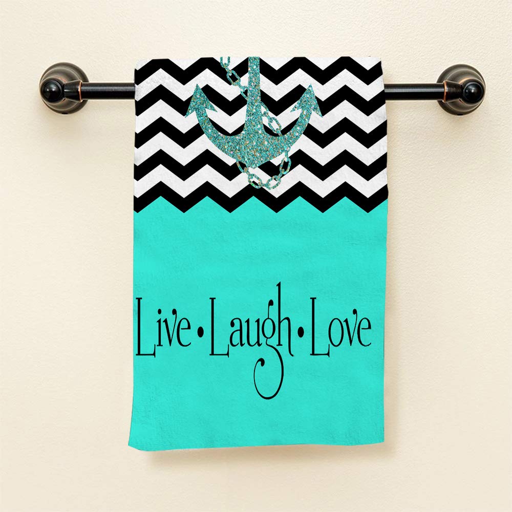 Hgod Designs Anchor Hand Towels,Hipster Quotes Live Love Laugh In Turquoise Chevron With Anchor 100% Cotton Soft Bath Hand Towel