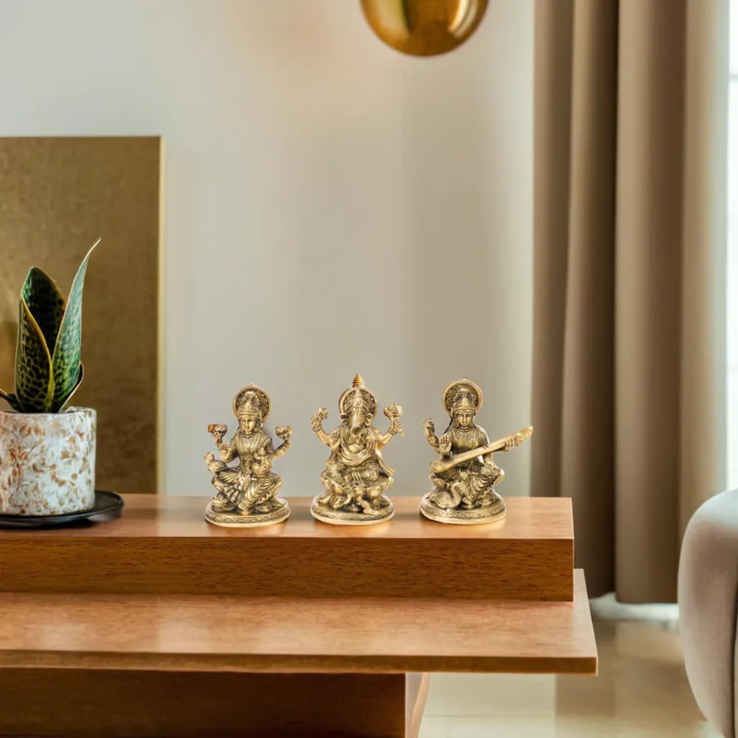 Kartique Brass Laxmi Ganesh Saraswati Bhagwan Idol Sitting On Lotus | Ganpati Murti Metal Statue For Home Office Success Entranc