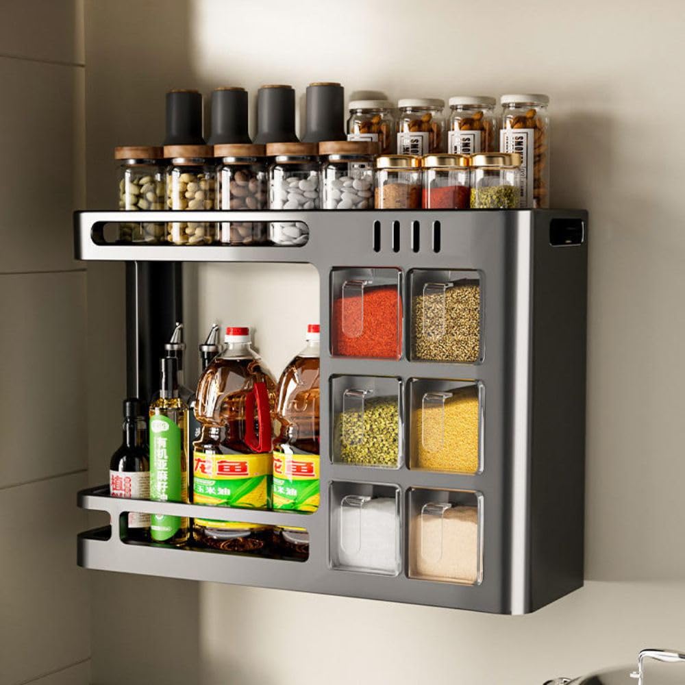 KRISHNPRIYA No Drill Metal Double Tier Modern Kitchen Spice Rack Multifunctional Wall Mounted Home Use Seasoning Storage Box