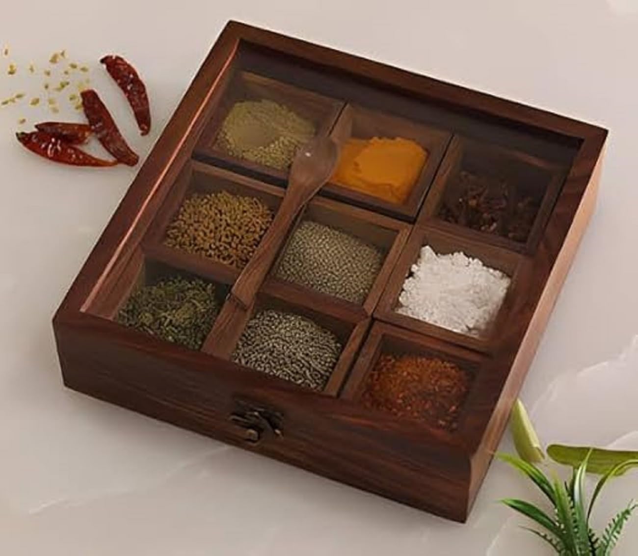 Hickorytraditional Sheesham Wood Kitchen Masala Dabba ? Large Spice Box With Jars, Spoon, And Durable NonRemovable Partitions (