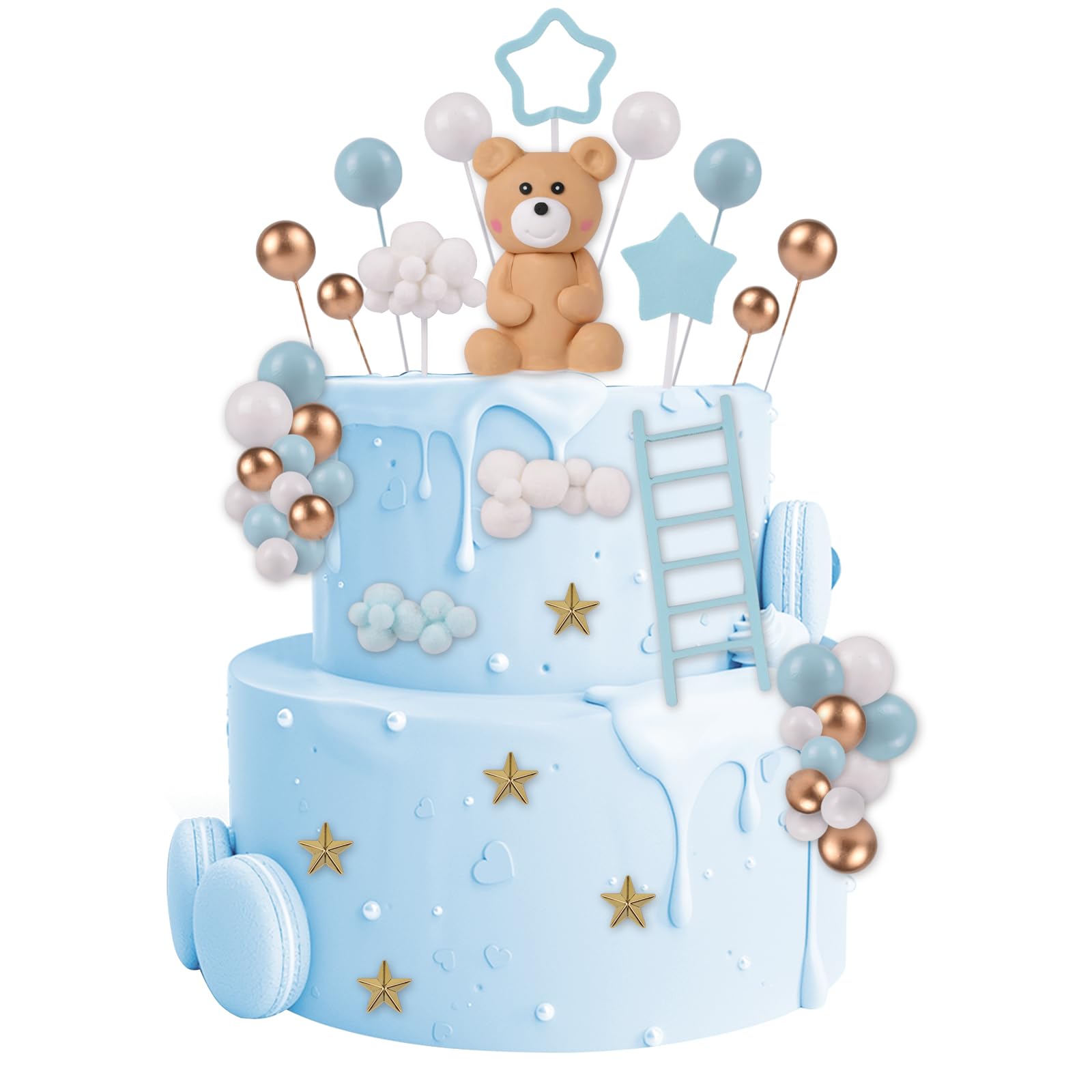 46 Pcs 3D Bear Balls Cake Toppers Brown Teddy Bear For Birthday Party Wedding Baby Shower Supplies(Blue)A