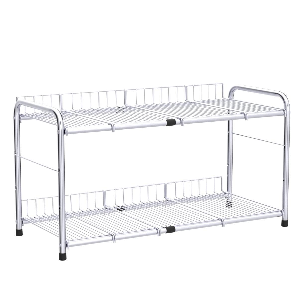 Flagship 2 Tier Under Sink Organizers And Storage Rack Expandable Cabinet Shelf Rack For Kitchen Bathroom Silver (16-25 Inches)