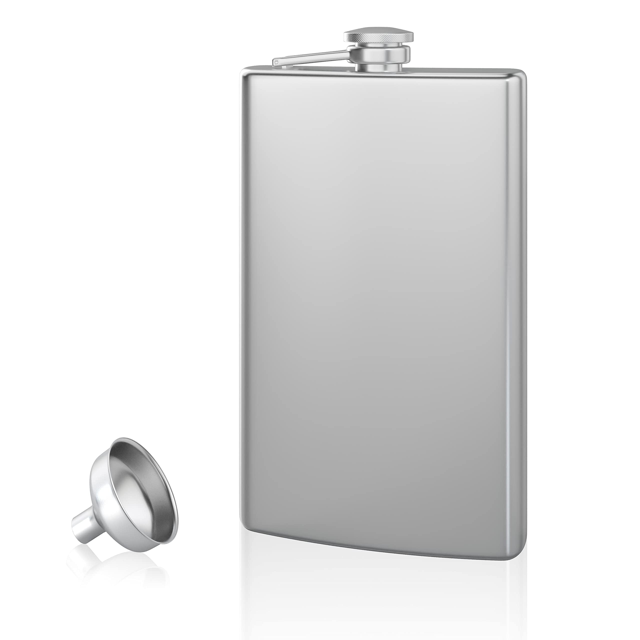 Hip Flask And Refill Funnel Set - 8 Oz, Easy Pour, Leakproof, Attached Screw-On Cap - Comes In Gift Box