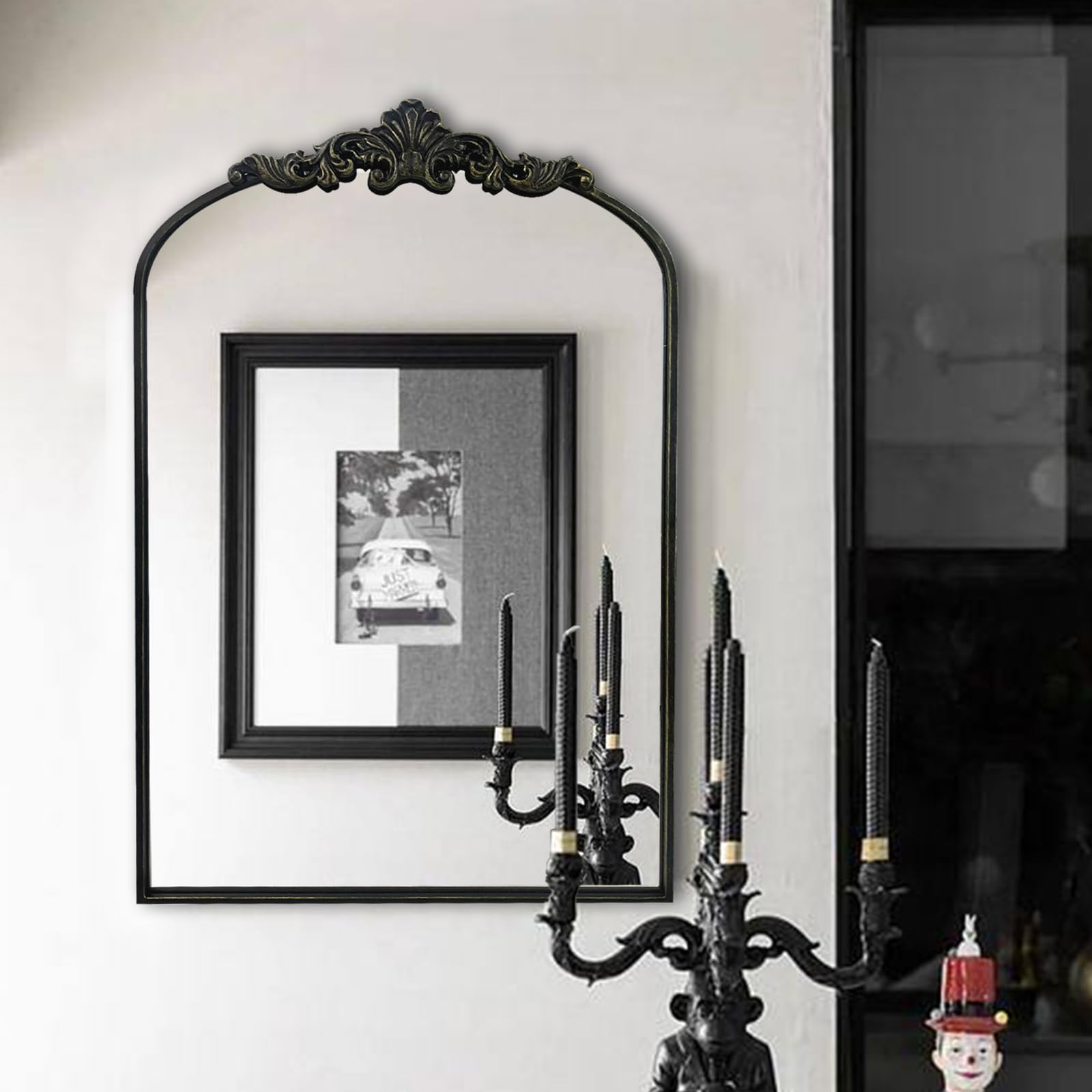 WAMIRRO Arched Mirror,Black Traditional Vintage Ornate Baroque Mirrors,Antique Brass Mirrors for Entryway/Fireplace/Living Room/