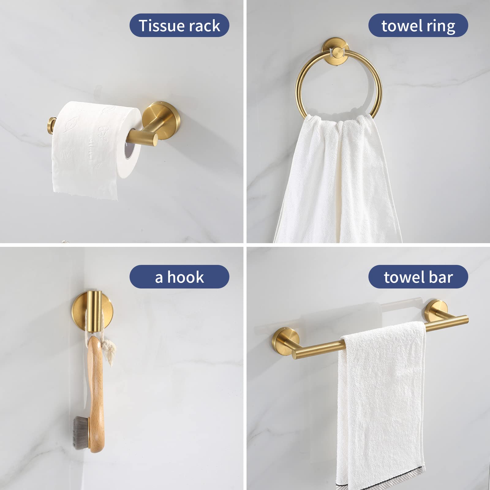 Bathroom Hardware Set Brushed Gold, 10Pcs Towel Bar Set Including 2Pcs16 Inch Towel Bars, Toilet Paper Holders, Towel Rings And