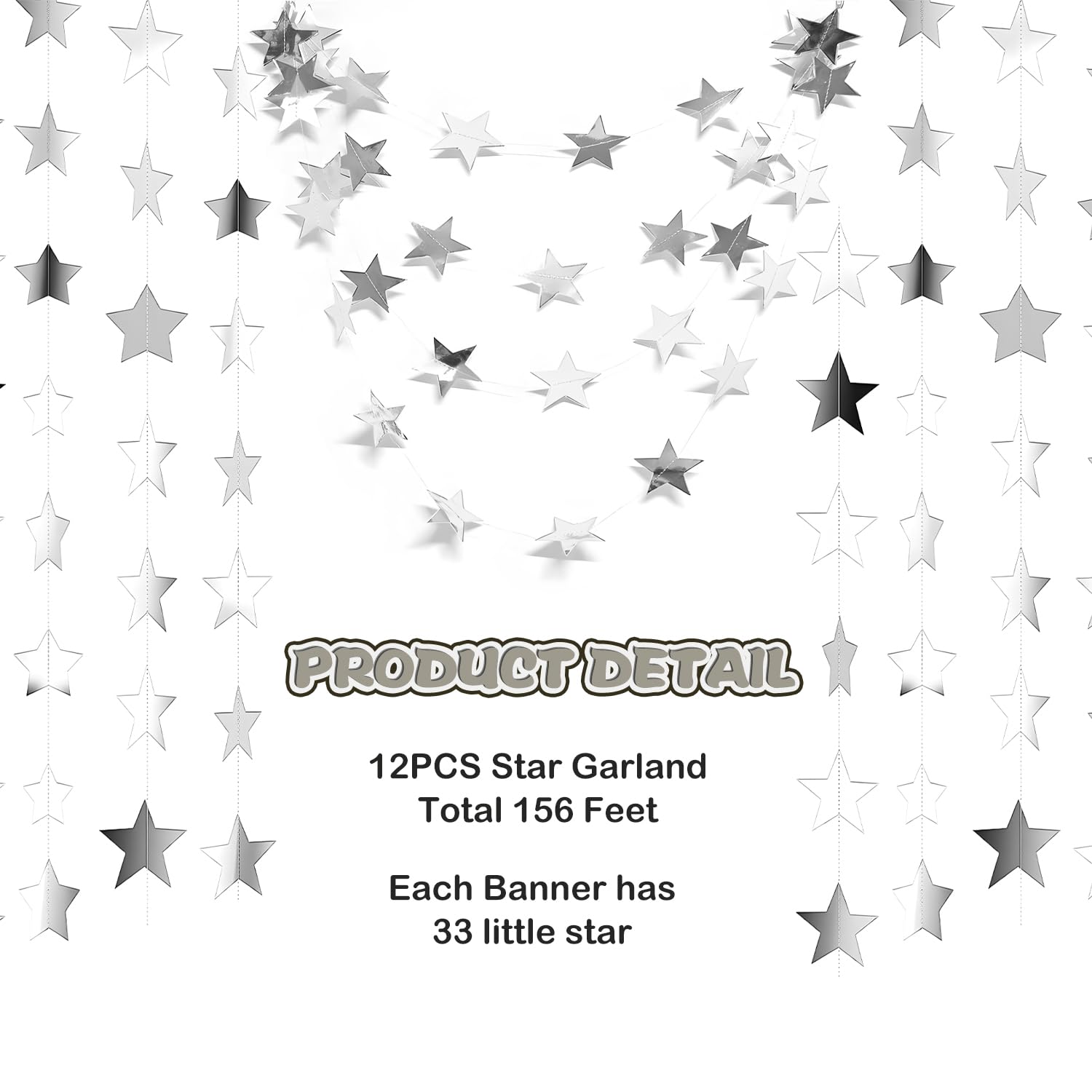 Yuqilin 158 Feet 12 Pcs Glitter Silver Star Garland Banner Decoration Reflective Sparkle Little Star Paper Hanging Decor Double
