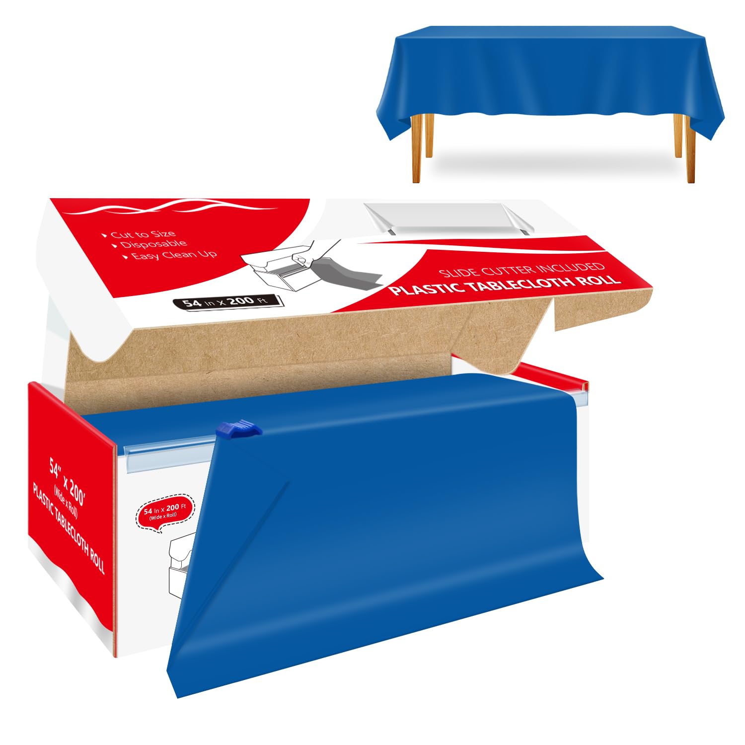 Xnluothsk 54 Inch x 200 Feet Blue Plastic Tablecloth Roll Cut to Size Disposable Table Cover with Cutter Box Plastic Table Cloth