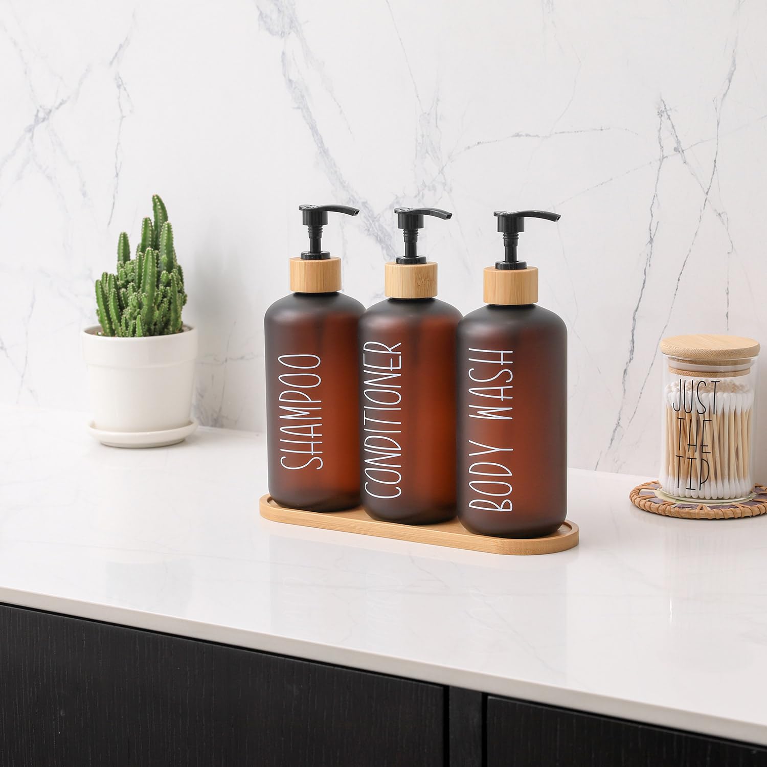Momeemo Amber Shower Dispenser Set, Contains 3 Extra-Thick Pet Plastic Bottles With Bamboo Pumps, Shampoo And Conditioner Dispen