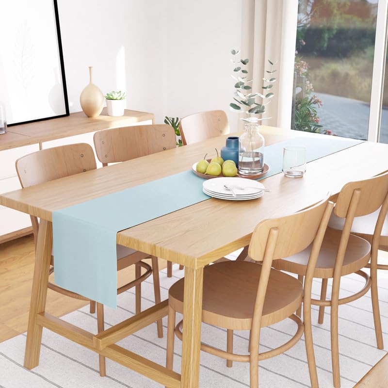 Encasa Table Runner 13X104 In Long | Cotton Canvas Fabric | Ice Blue Solid Color | Machine Washable & Durable