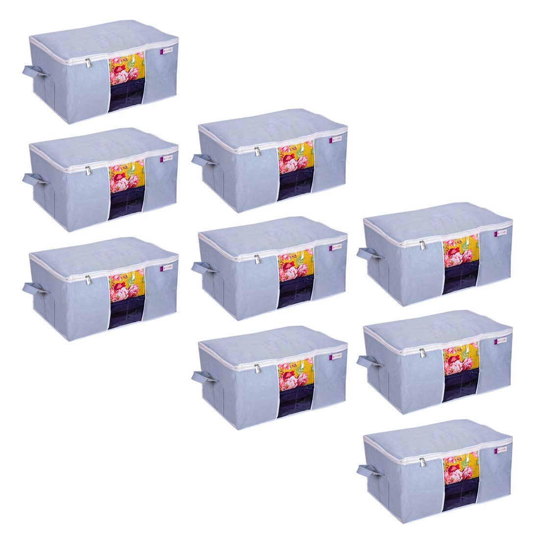 Pretty Krafts Set Of 9 Non Woven Underbed Storage Bag With Handles, Clear Window & Zipper Lock | Quilt, Comforter & Blanket Cove