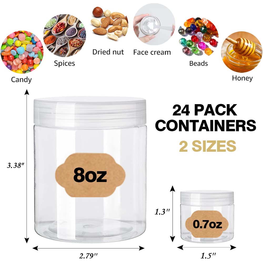 Amorix 8Oz Clear Plastic Jars With Lids 8 Oz Plastic Containers With Lids + 20G Sample Containers (Set Of 24) Airtight Container