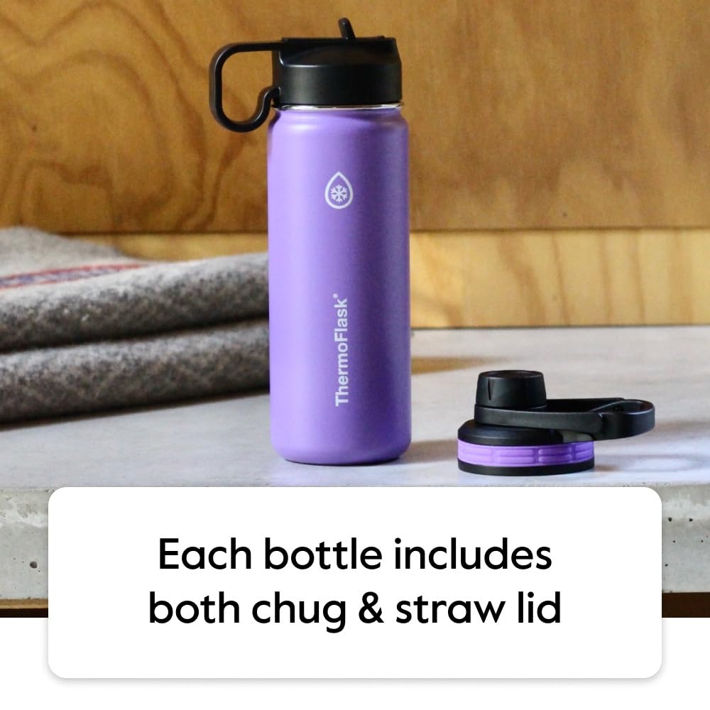 Thermoflask 24 Oz Double Wall Vacuum Insulated Stainless Steel Water Bottle With Spout And Straw Lids, White(50051)