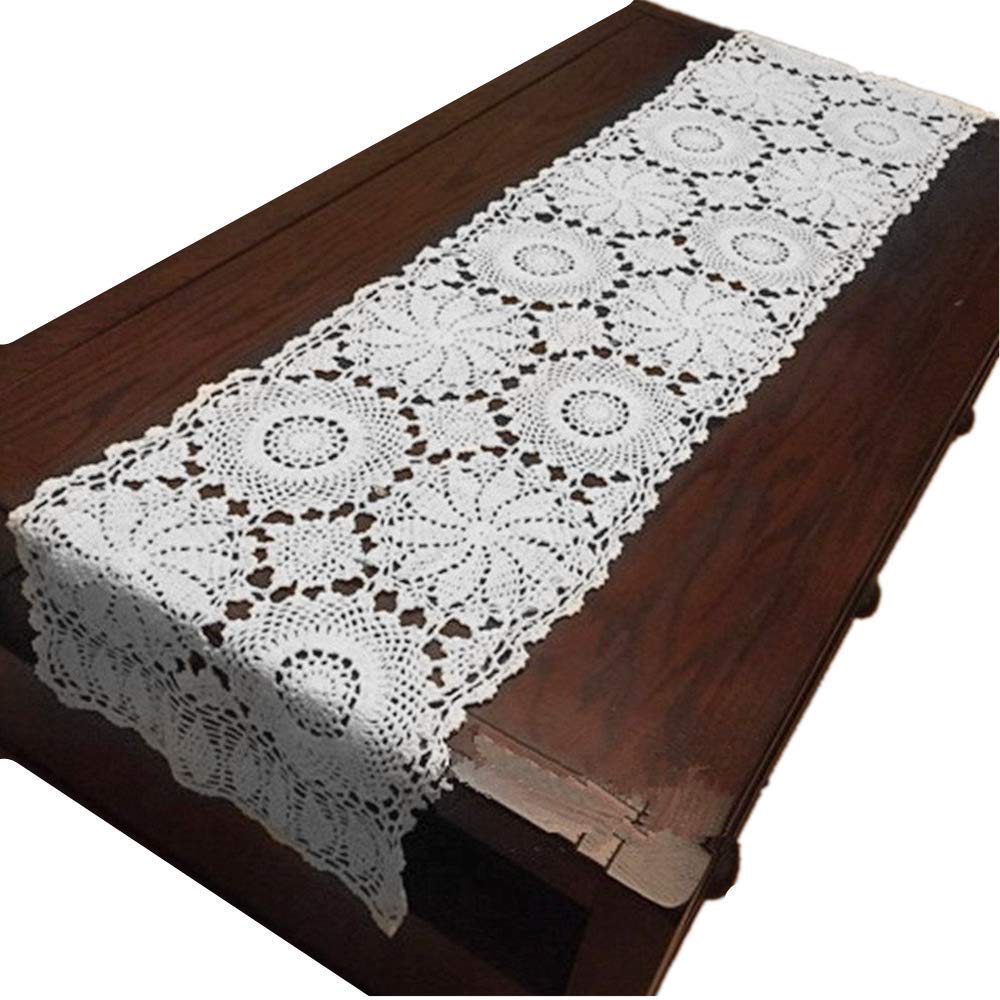 Ustide Rustic Floral Table Runner Hand Crochet Table Doily White Cotton Lace Table Decoration For Coffee Table 15''X70''