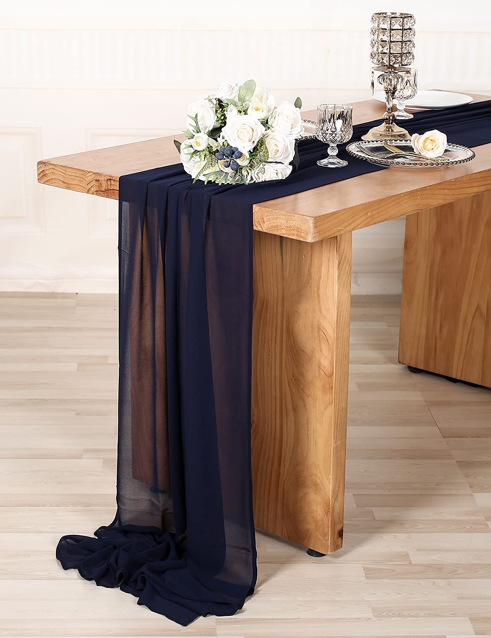 Sherway 27 X 168 Inch Navy Blue Chiffon Wedding Table Runner, Extra Long 14Ft Soft Semi Sheer Tablecloth Table Overlay, Rustic W