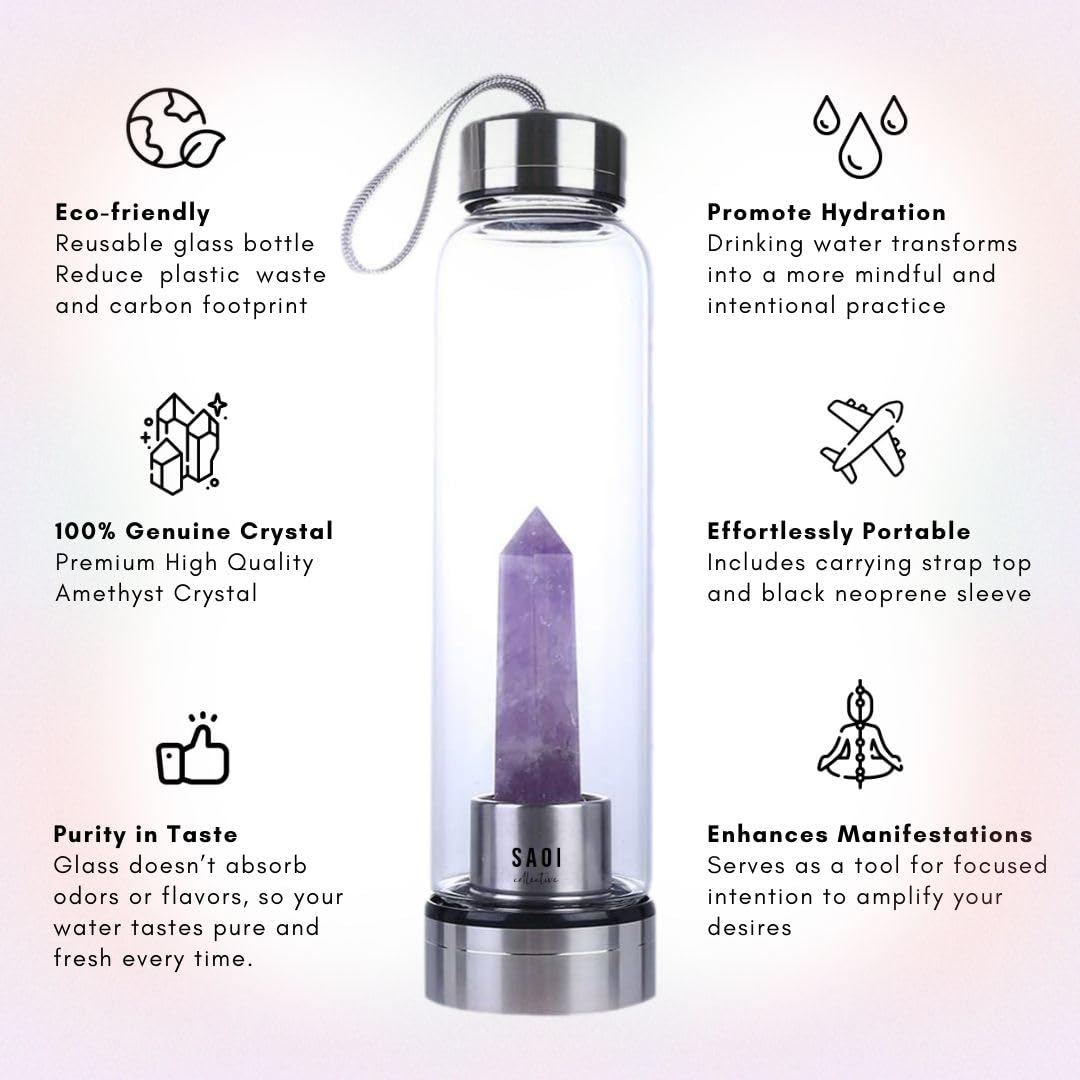 SAOI Crystal Water Bottle - Amethyst - Natural Wellness Healing - Glass/Stainless Steel
