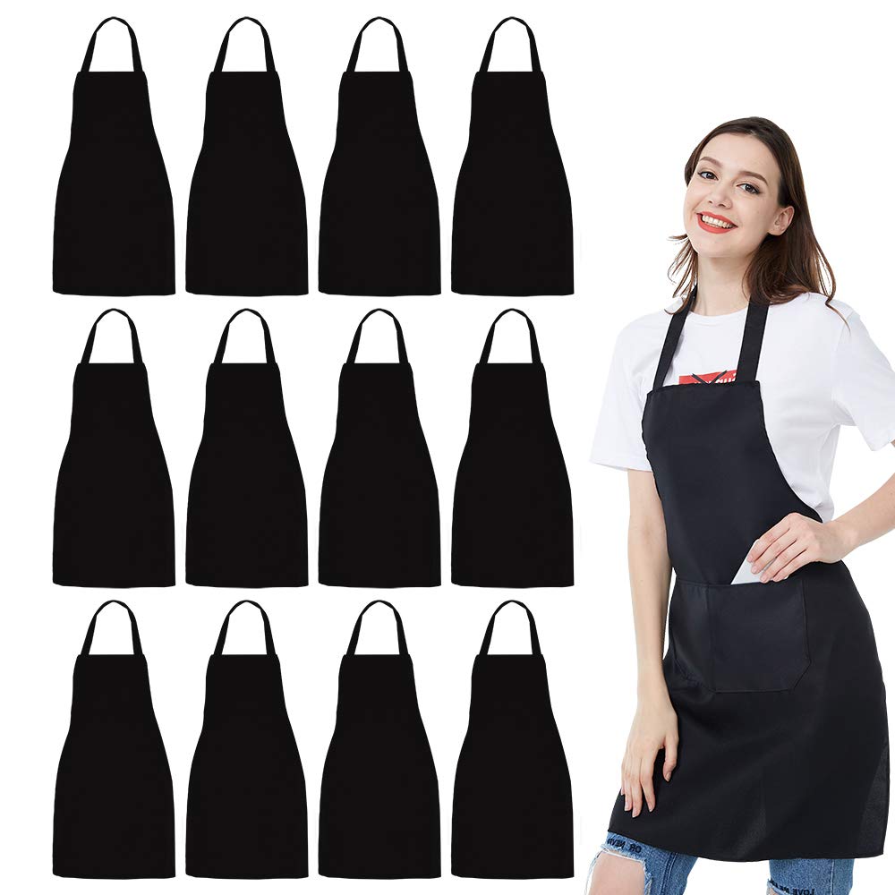 Nobondo 12 Pack Bib Apron - Unisex Black Apron Bulk With 2 Roomy Pockets Machine Washable For Kitchen Crafting Bbq Drawing