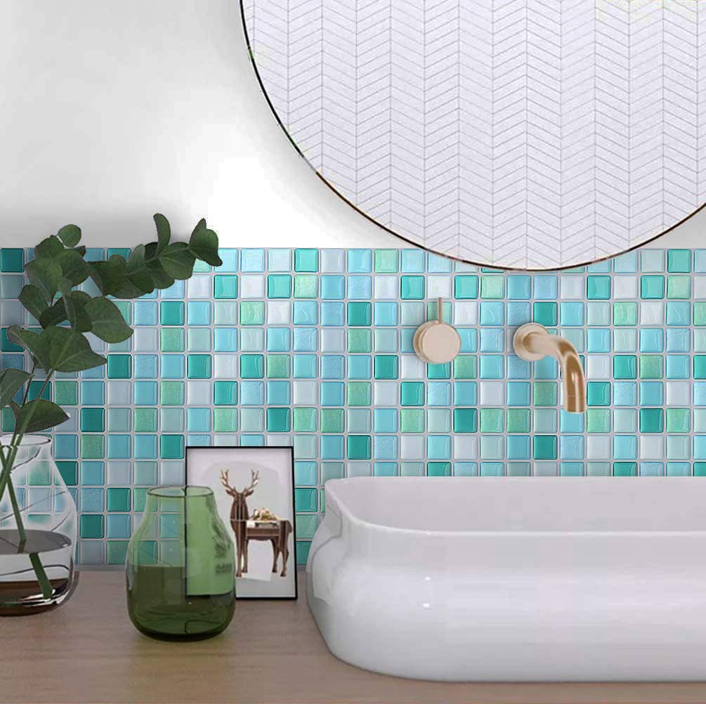 Vancore 3D Mosaic Sticker Peel And Stick Tile Backsplash Wall Paper For Home Kitchen, Pack Of 4, Light Blue
