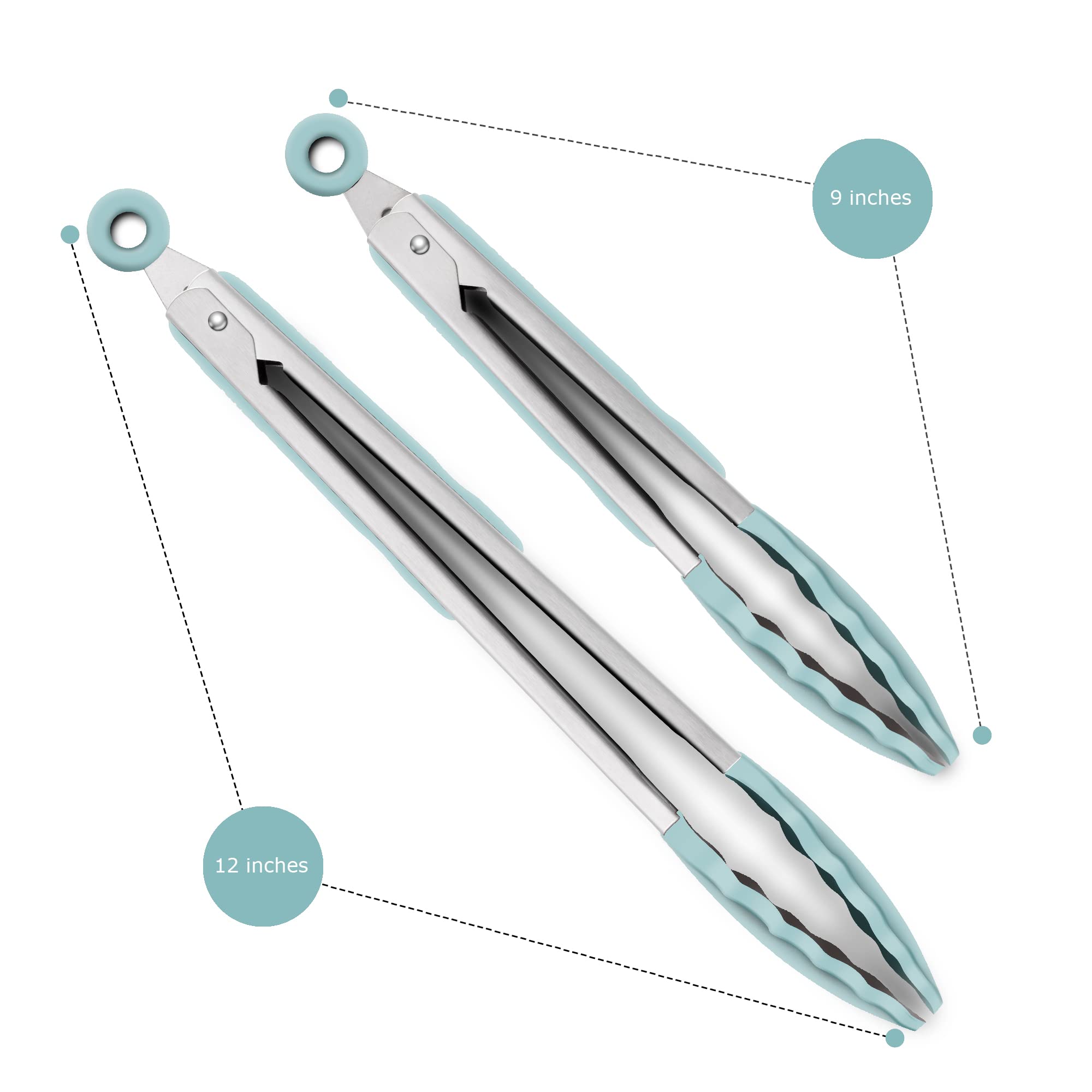 9-Inch & 12-Inch Cooking Tongs, Premium Silicone Set Of 2 Bpa Free Non-Stick Stainless Steel Bbq Grilling Locking Food Tong, Aqu