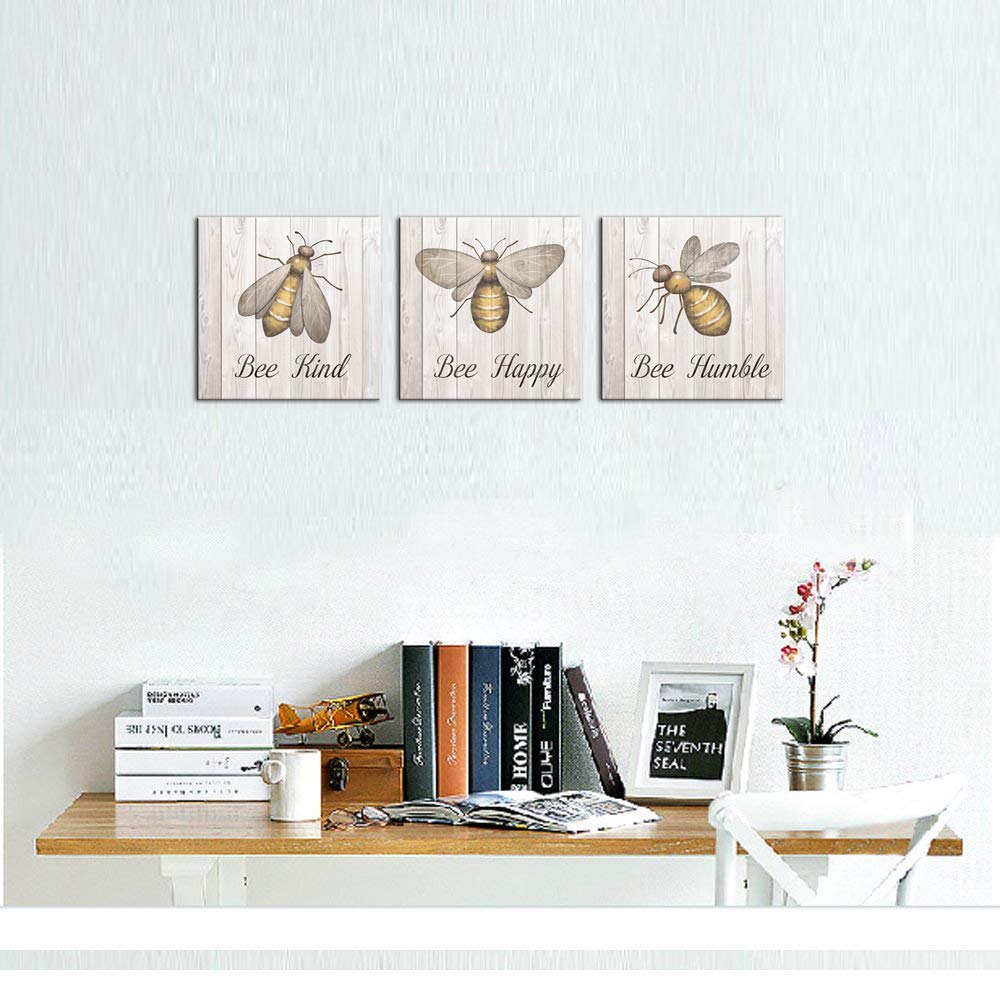 Sechars Bee Canvas Wall Art Inspirational Motivational Painting Bee Happy Honey Bee Pictures Wall Decor Vintage Farmhouse Quote