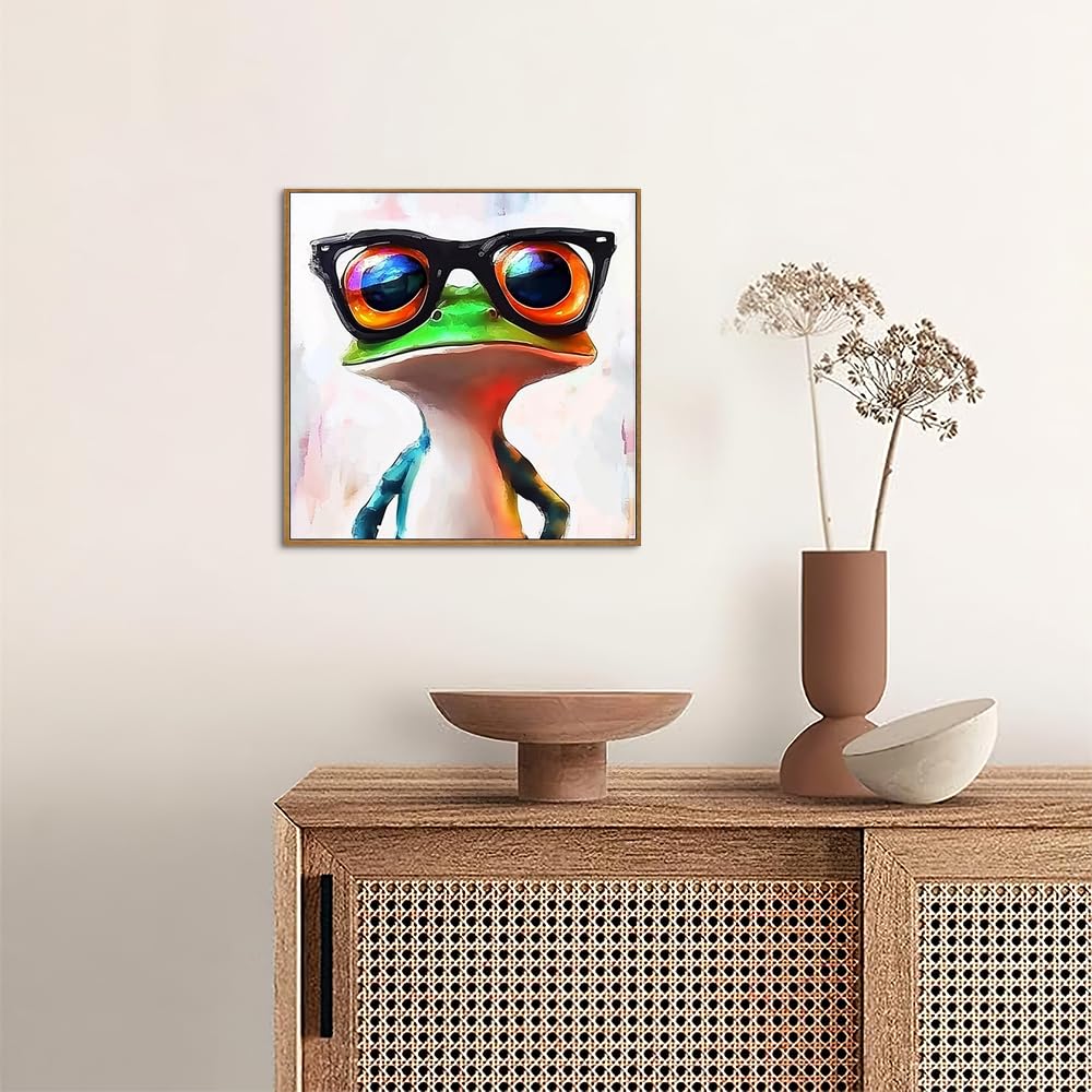 ARTZIO Funny Frog Wall Art Framed Canvas - 8x10 Inch Abstract Green Animal Decor,Cute Ready to Hang Modern Living Room & Bedroom