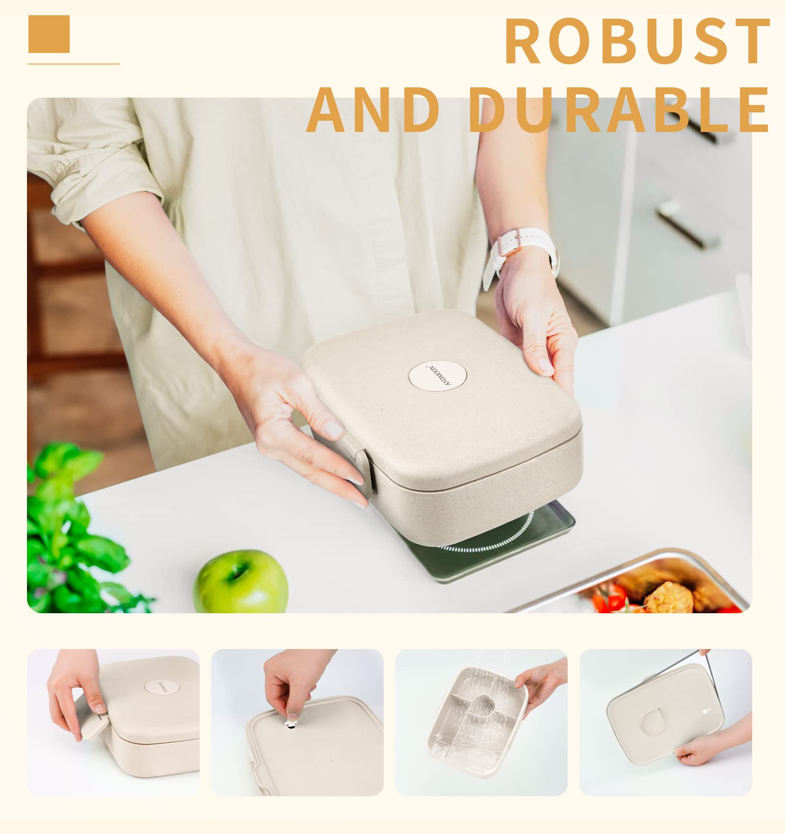 Andmoon Bento Lunch Box With Kids/Adults, 5 Compartments Leakproof Lunch Container With Dressing Cup, Eco-Friendly Double Insula