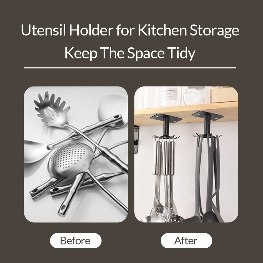 Aosome 2 Pcs Utensil Under Cabinet Holder 360 Rotating Stainless Steel Kitchen Utensil Holder Hangers 8-Hooks
