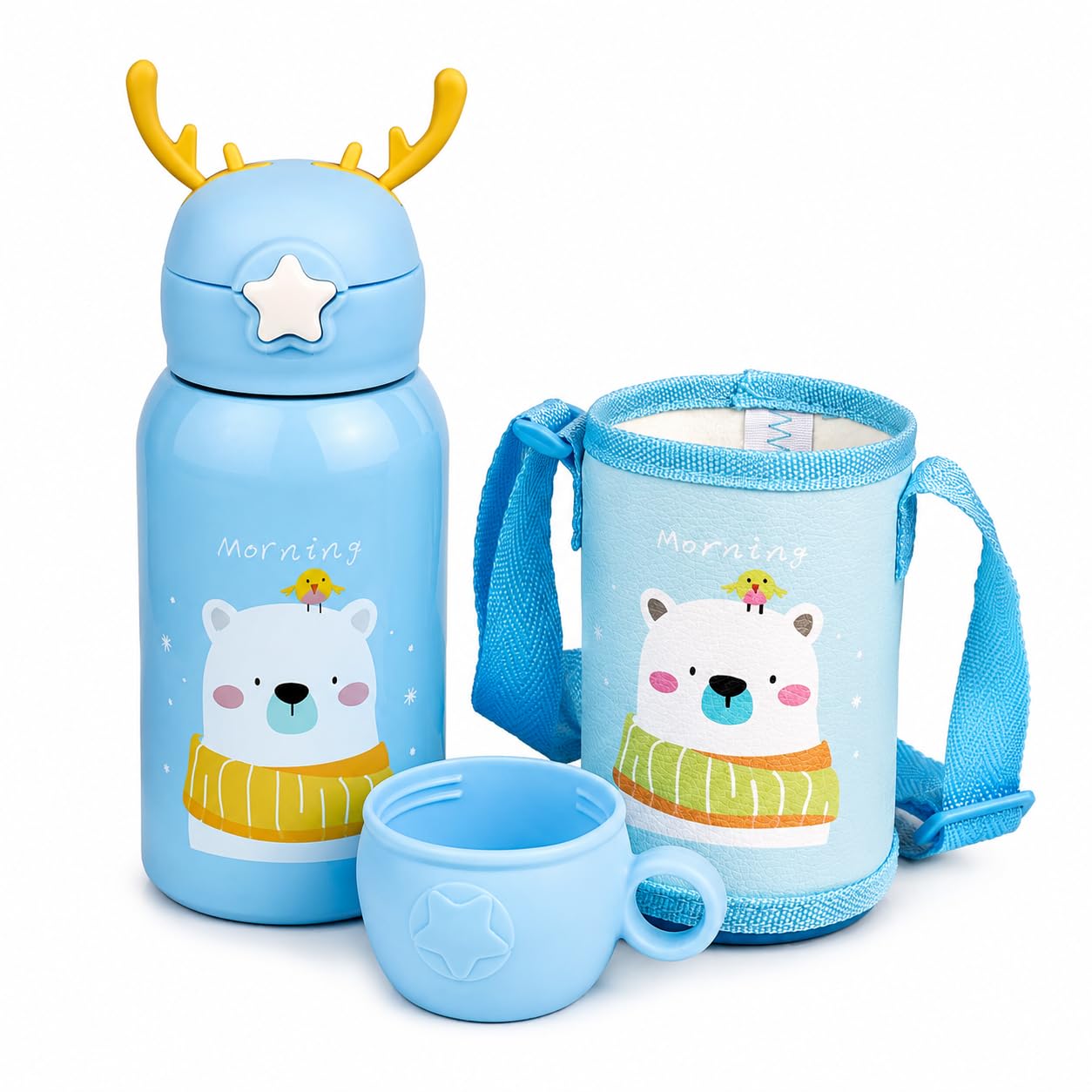 Cherrybox Kids Water Bottle With Straw & Cup | Cute Cartoon Bear Design | With Carry Bag | Leakproof BpaFree Bottle For School,