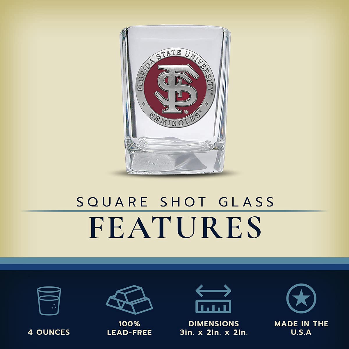 Heritage Pewter Florida State University Square Shot Glass | Hand-Sculpted 1.5 Ounce Shot Glass | Intricately Crafted Metal Pewt
