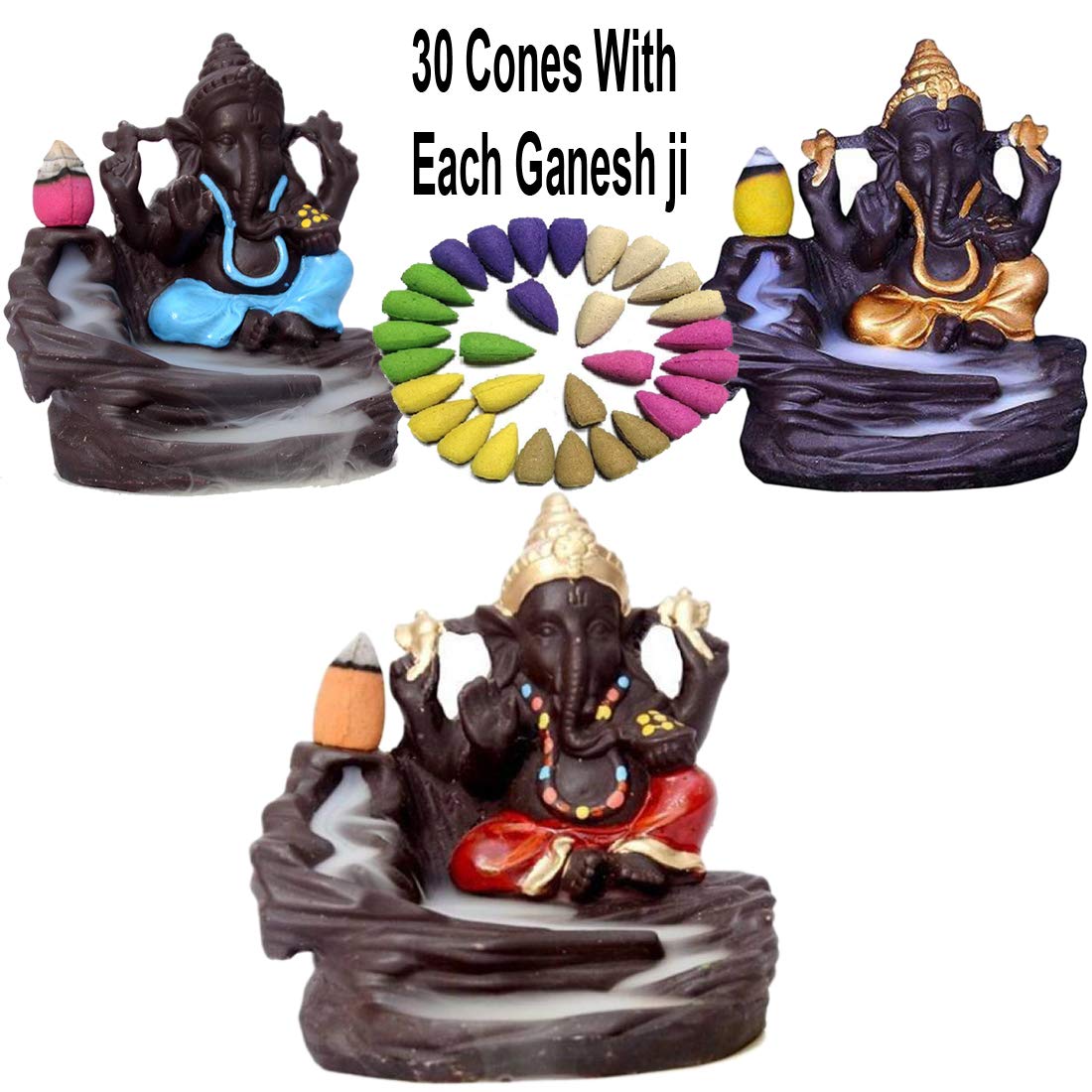 BG Bazzar Gali Set of 3 pcs. Lord Bal Ganesha Smoke Fountain Ceramic Incense Burner with 30 Backflow Cones Incense with Each Gan
