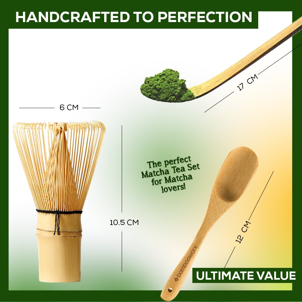 BAMBOOWORX Matcha Whisk Set - 3 Piece Traditional Bamboo Tea Kit (Chasen, Chashaku, Spoon)
