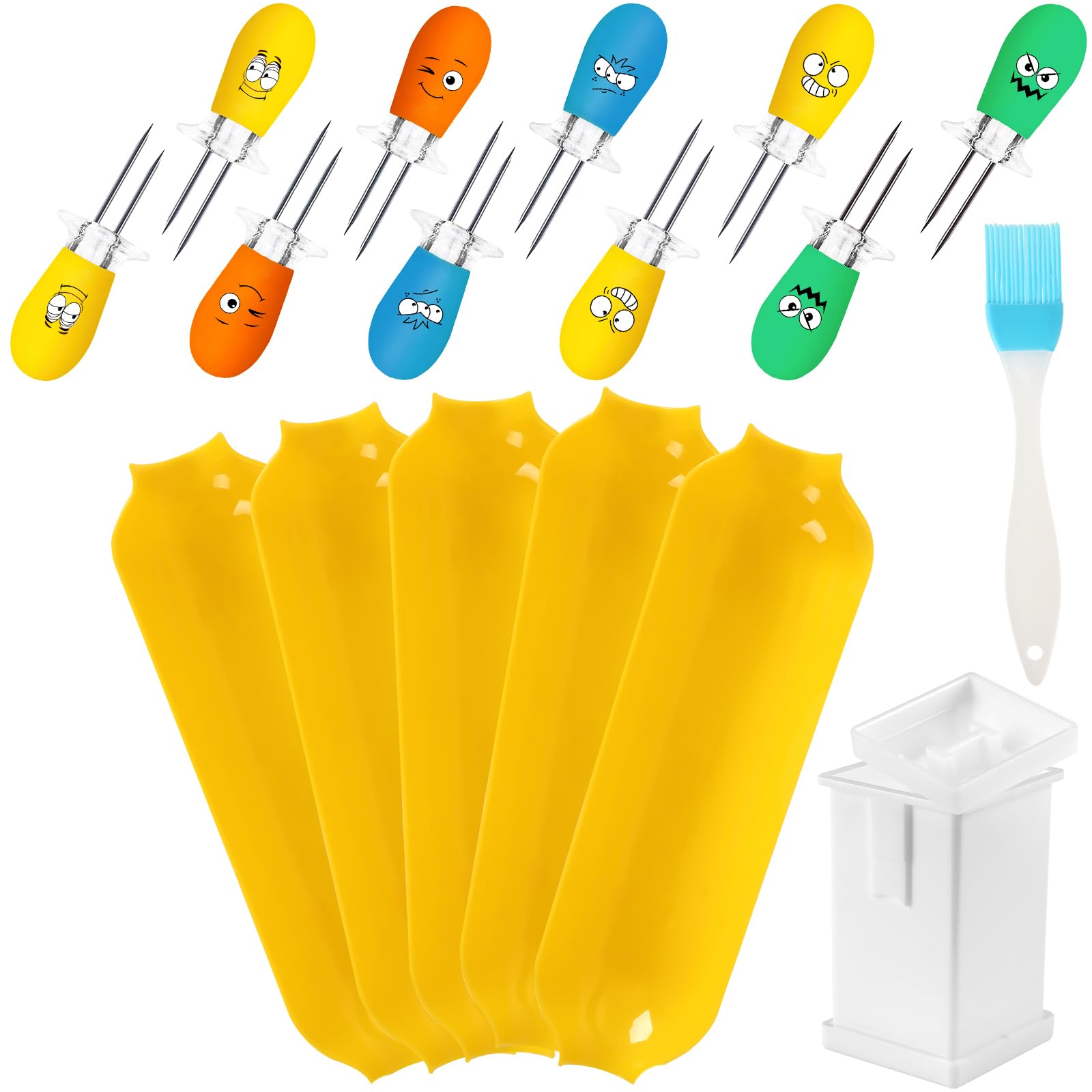 Augsun Corn On The Cob Holders Kit, Corn Dishes And Corn Holders Set, Includes 10 Fun Face Corn Holders 5 Corn Trays And Butter