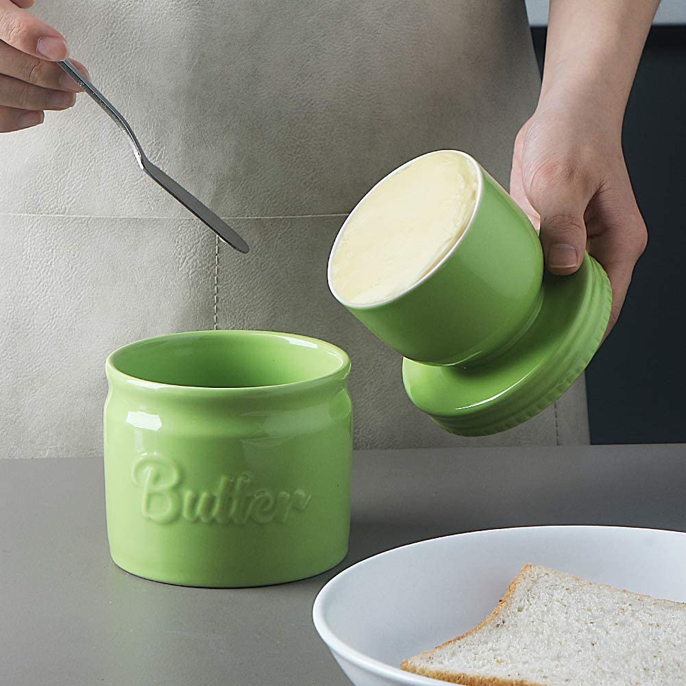 Sweejar Porcelain Butter Keeper Crock - Green Ceramic French Butter Dish with Water Line for Soft Butter