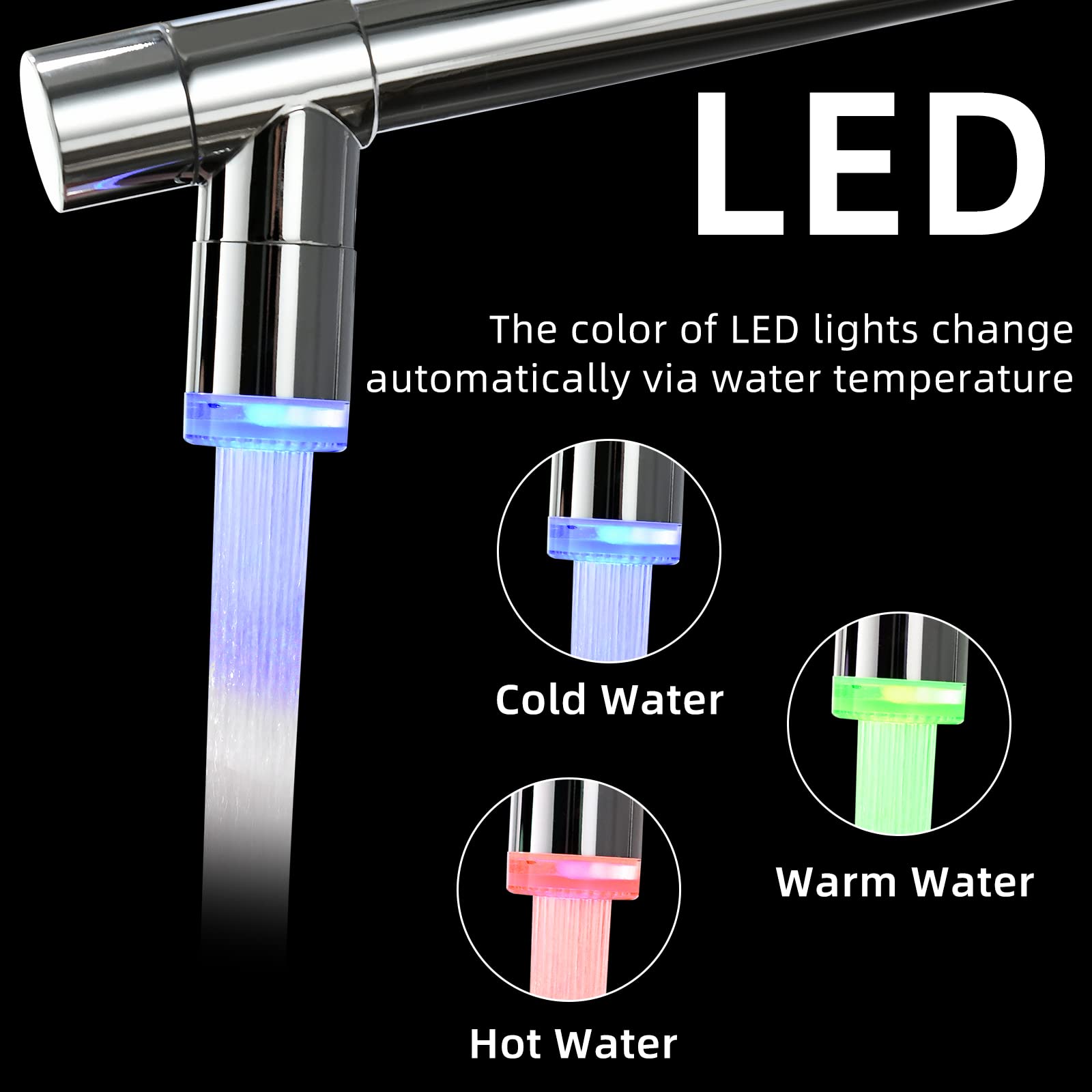 Fapully Kitchen Faucet With Pull Down Sprayer,Commercial Single Handle Kitchen Sink Faucet With Led Light Chrome