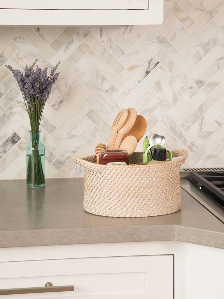 Kouboo 1020056 Laguna Oval Rattan Utensil Caddy, Wash, Off-White/Latte