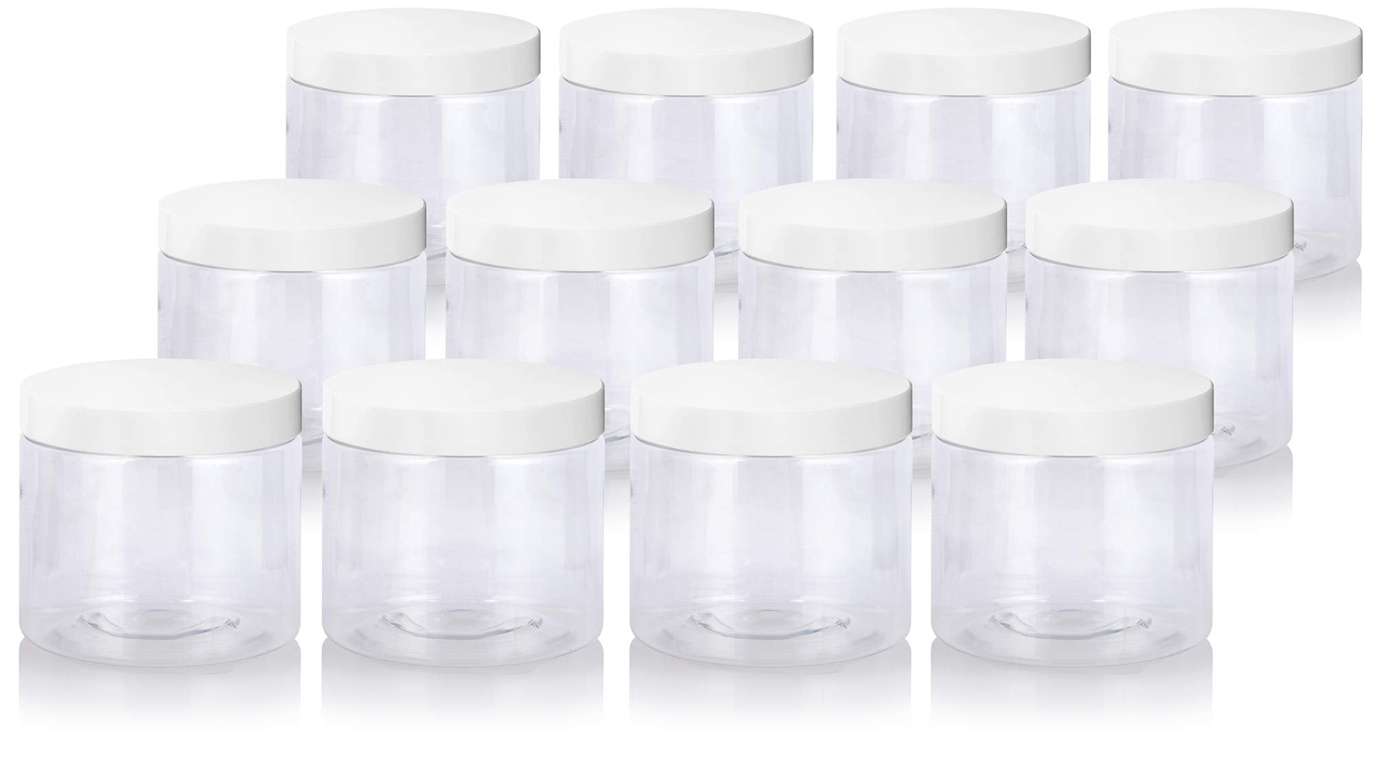 16 oz Clear Large PET Plastic (BPA Free) Refillable Jar with White Lids (12 pack)